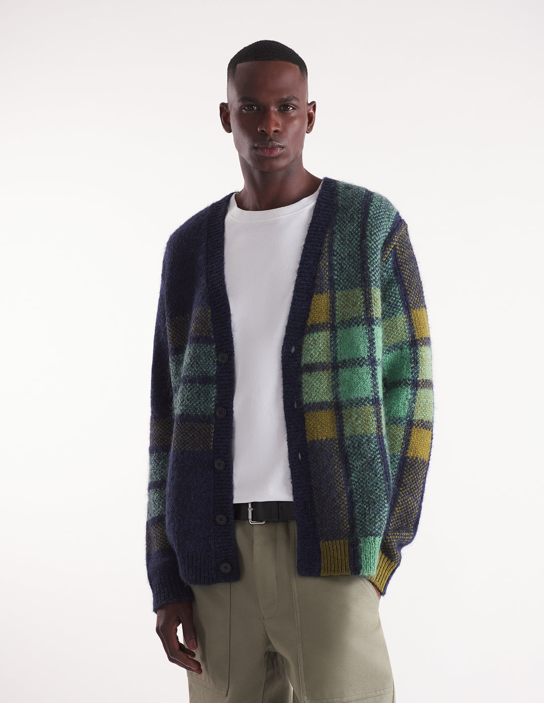 GRAPHIC CHECK INTARSIA CARDIGAN INK BLUE/EUCALYPTUS